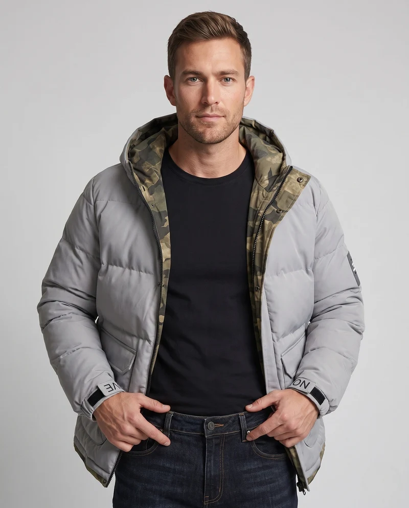 Kurzarm Thermo-Steppparka für Herren mit Kapuze, aufgesetzten Klappentaschen, verdeckter Knopfleiste und camouflaged gefüttertem Innenraum