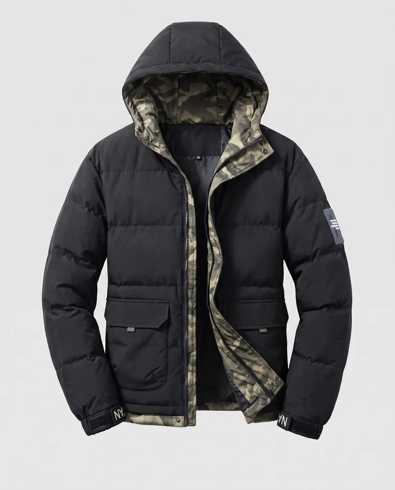 Kurzarm Thermo-Steppparka für Herren mit Kapuze, aufgesetzten Klappentaschen, verdeckter Knopfleiste und camouflaged gefüttertem Innenraum