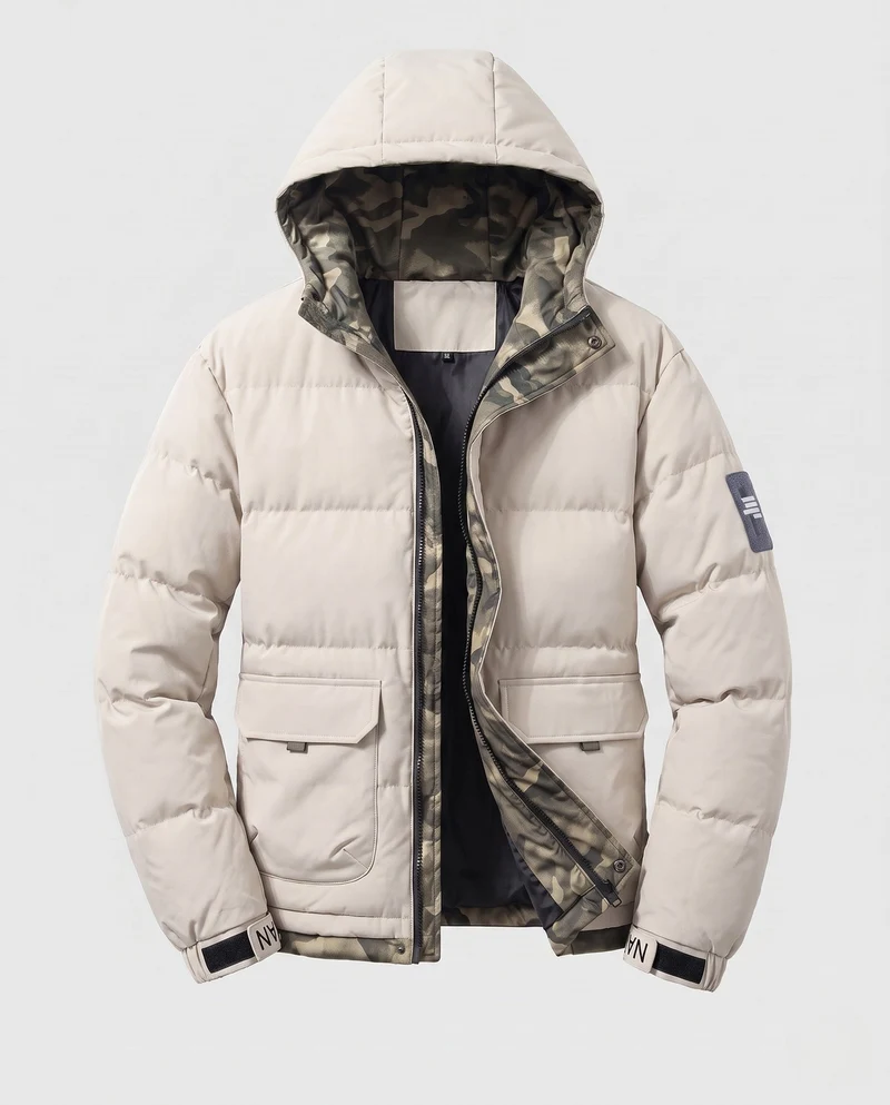 Kurzarm Thermo-Steppparka für Herren mit Kapuze, aufgesetzten Klappentaschen, verdeckter Knopfleiste und camouflaged gefüttertem Innenraum