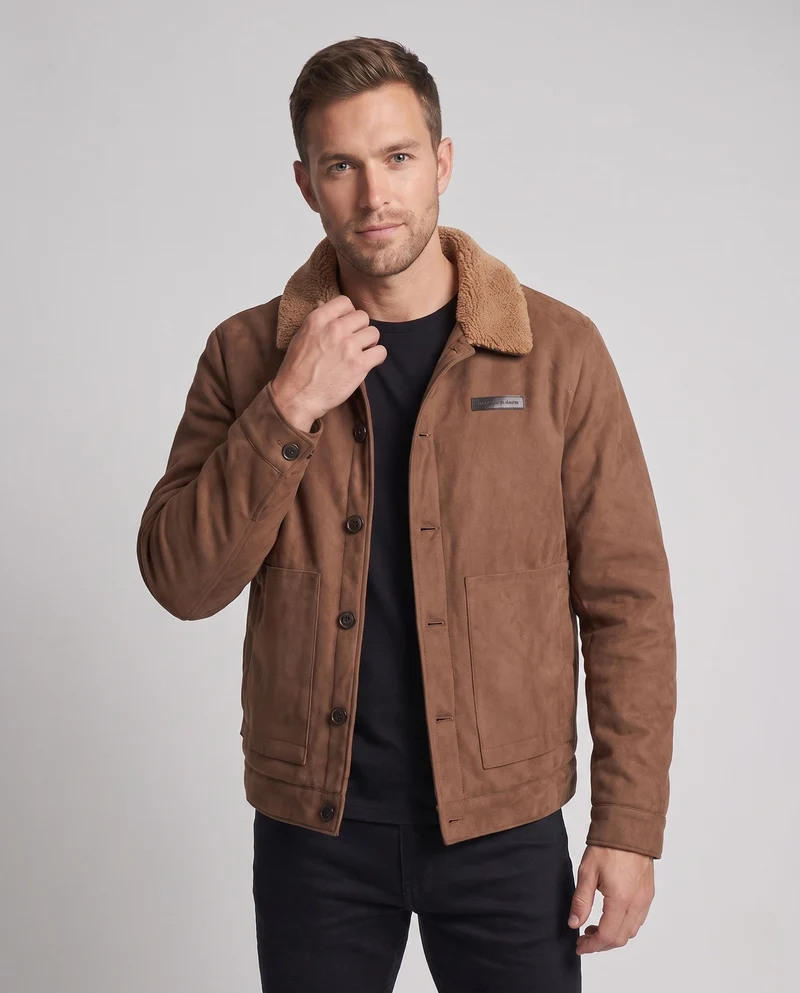 Männliche gemütliche Pilotenjacke mit Teddy-Kragen, gesteppter Futter und aufgesetzten Taschen