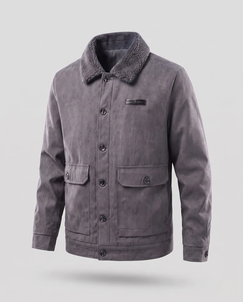 Männliche gemütliche Pilotenjacke mit Teddy-Kragen, gesteppter Futter und aufgesetzten Taschen
