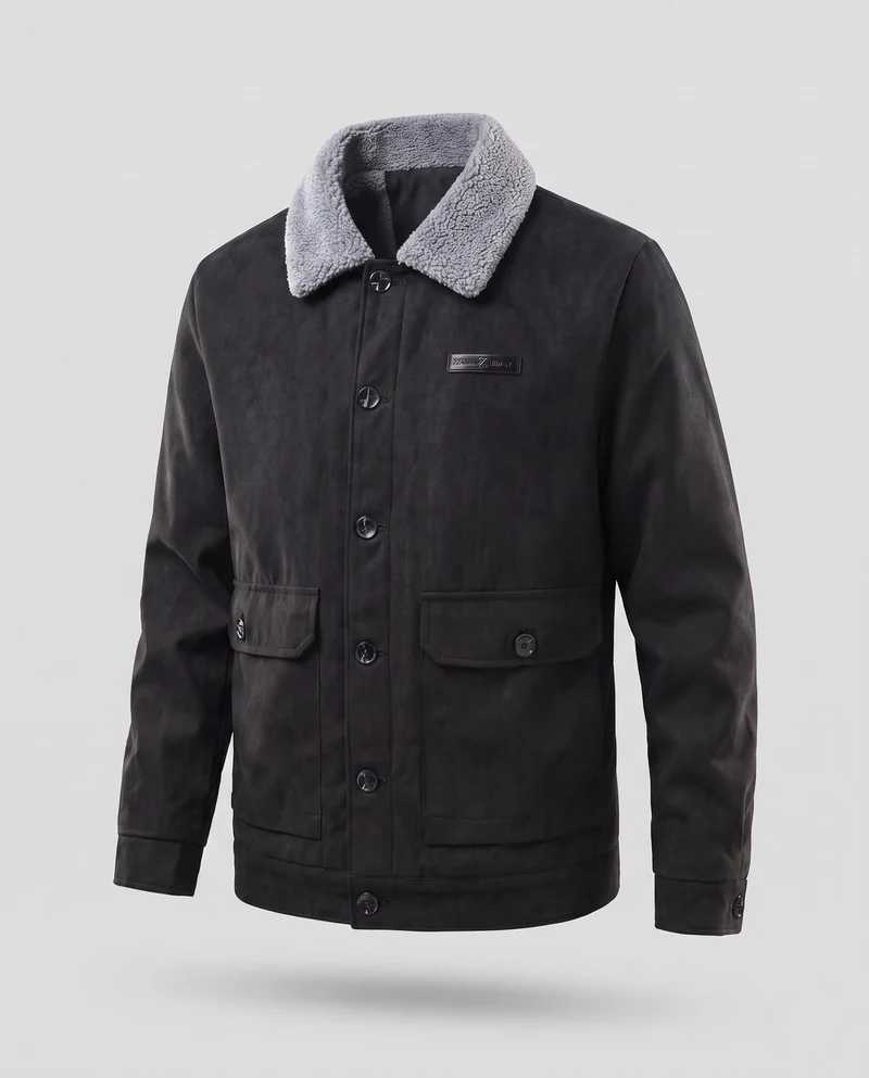 Männliche gemütliche Pilotenjacke mit Teddy-Kragen, gesteppter Futter und aufgesetzten Taschen