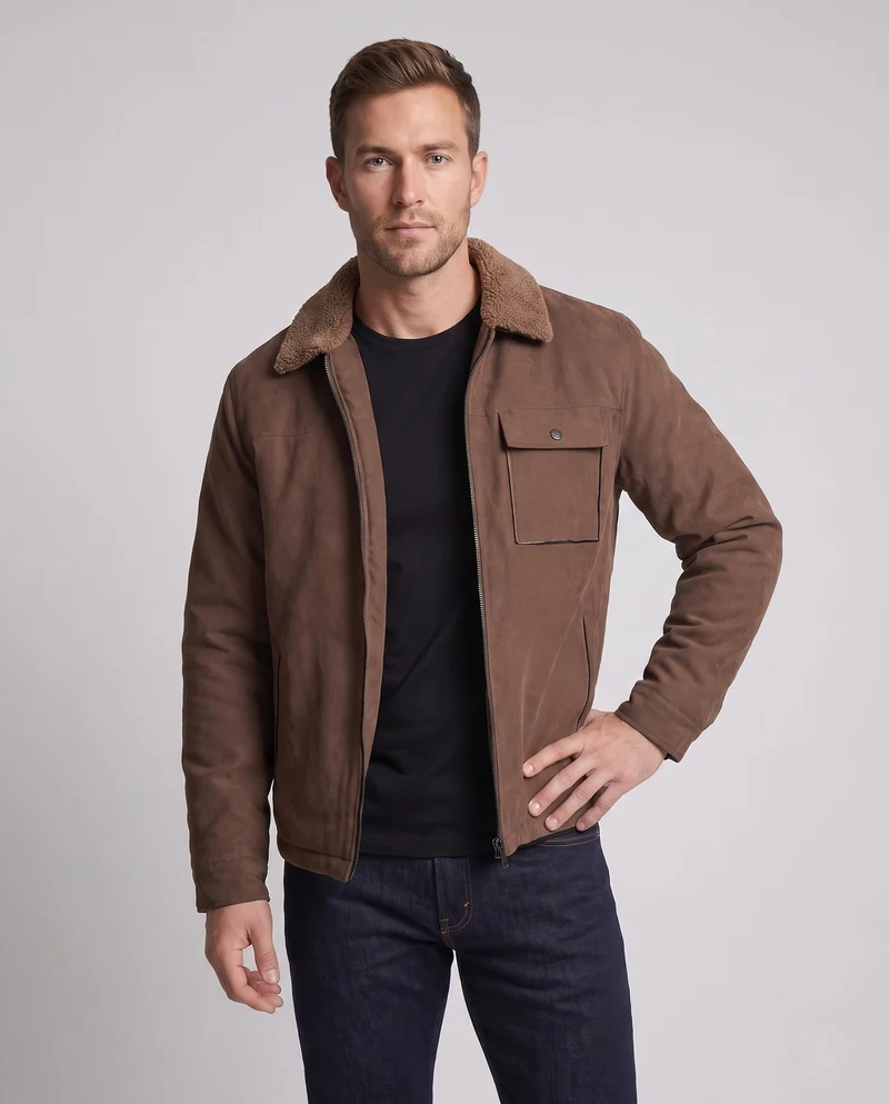Herren Freizeitjacke mit Kunstfellkragen, Fleece-Innenfutter und verdecktem Reißverschluss