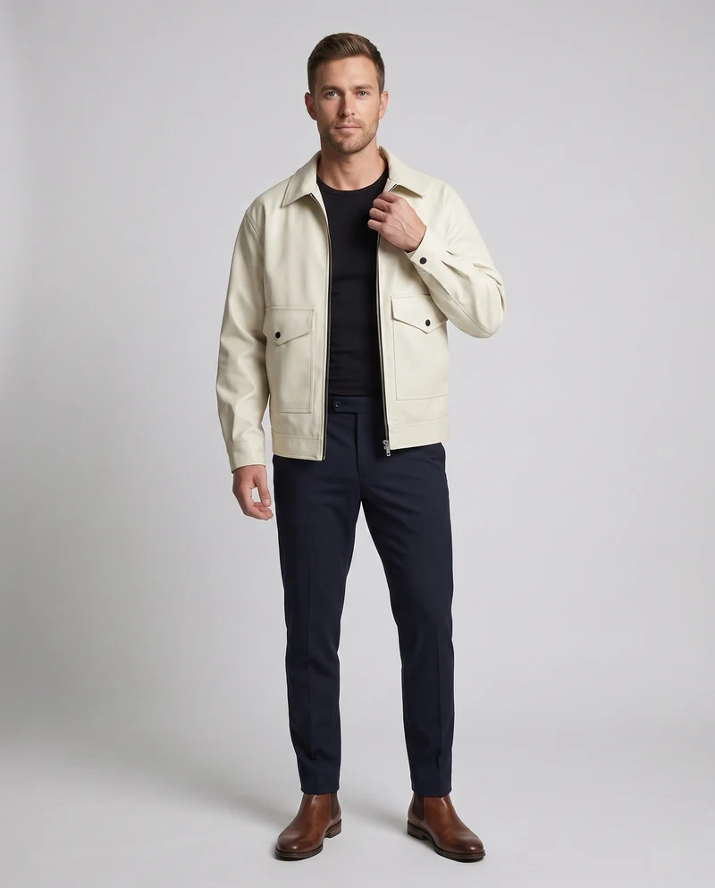 Männer Casual Boxy Kunstlederjacke mit Hemdkragen, Klappen Taschen und Zwei-Wege-Reißverschluss