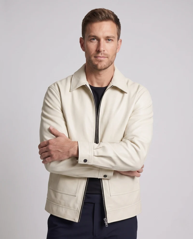 Männer Casual Boxy Kunstlederjacke mit Hemdkragen, Klappen Taschen und Zwei-Wege-Reißverschluss