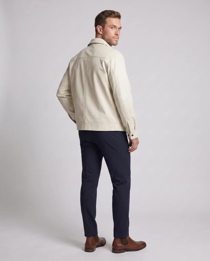 Männer Casual Boxy Kunstlederjacke mit Hemdkragen, Klappen Taschen und Zwei-Wege-Reißverschluss