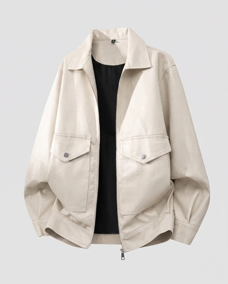 Männer Casual Boxy Kunstlederjacke mit Hemdkragen, Klappen Taschen und Zwei-Wege-Reißverschluss