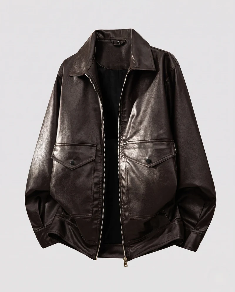 Männer Casual Boxy Kunstlederjacke mit Hemdkragen, Klappen Taschen und Zwei-Wege-Reißverschluss