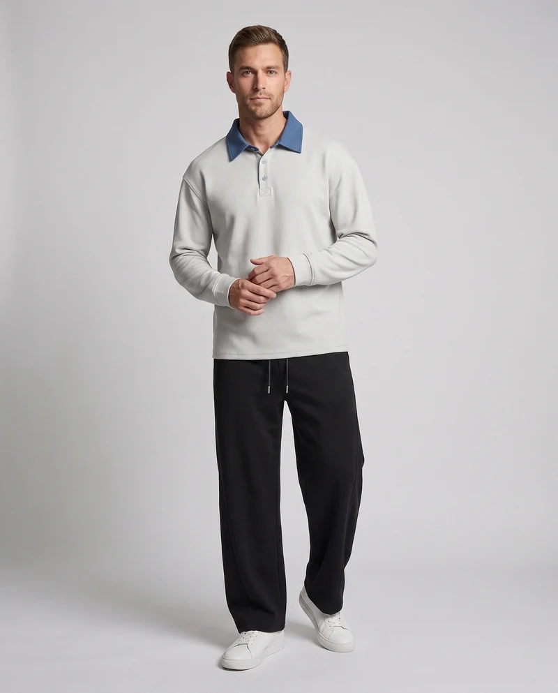 Herren Freizeitset mit Poloshirt mit Denimkragen und weit geschnittenen Jogginghosen