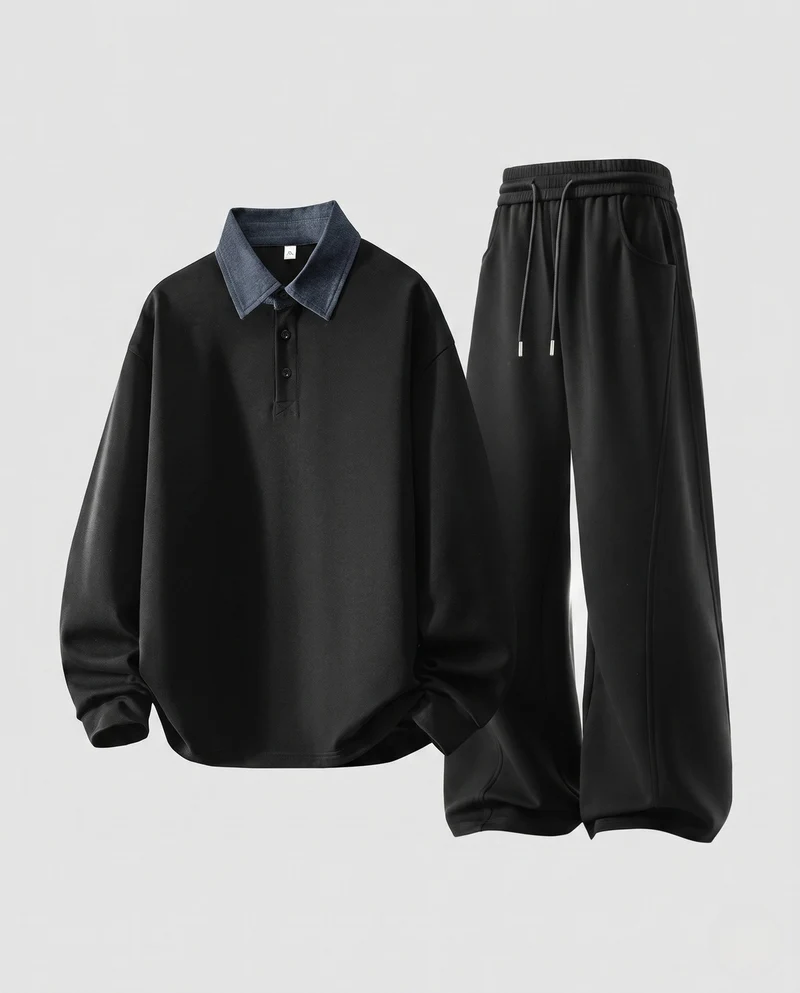 Herren Freizeitset mit Poloshirt mit Denimkragen und weit geschnittenen Jogginghosen