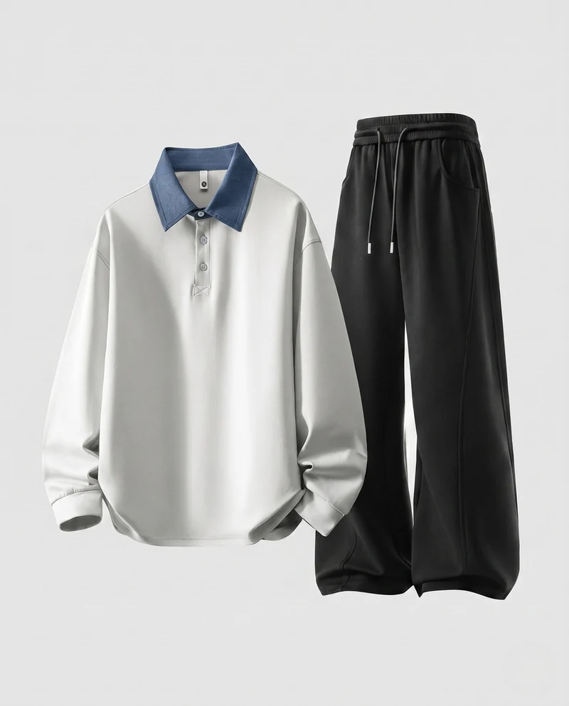 Herren Freizeitset mit Poloshirt mit Denimkragen und weit geschnittenen Jogginghosen