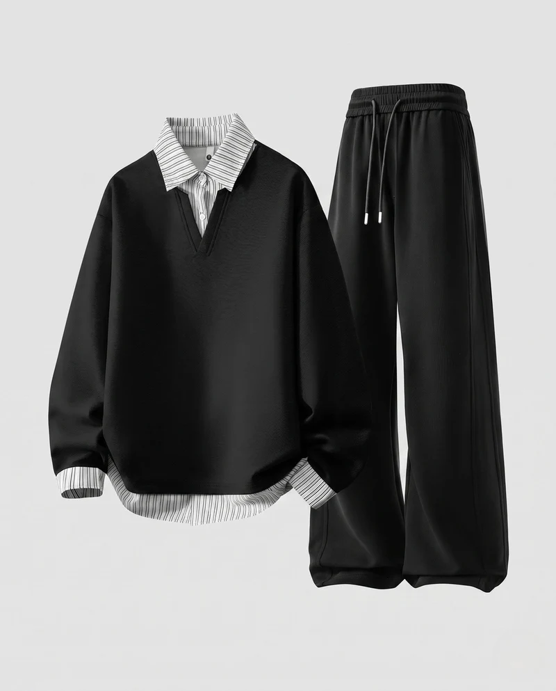 Herren Freizeitanzug Set mit Hemdkragen, V-Ausschnitt Pullover und Kordelzugbund