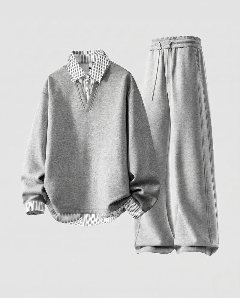Herren Freizeitanzug Set mit Hemdkragen, V-Ausschnitt Pullover und Kordelzugbund