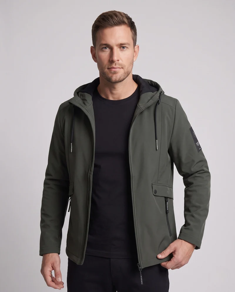 Herren leichte Softshell-Parka mit Kapuze, winddichte Oberfläche, verdeckter Reißverschluss und Klappentaschen