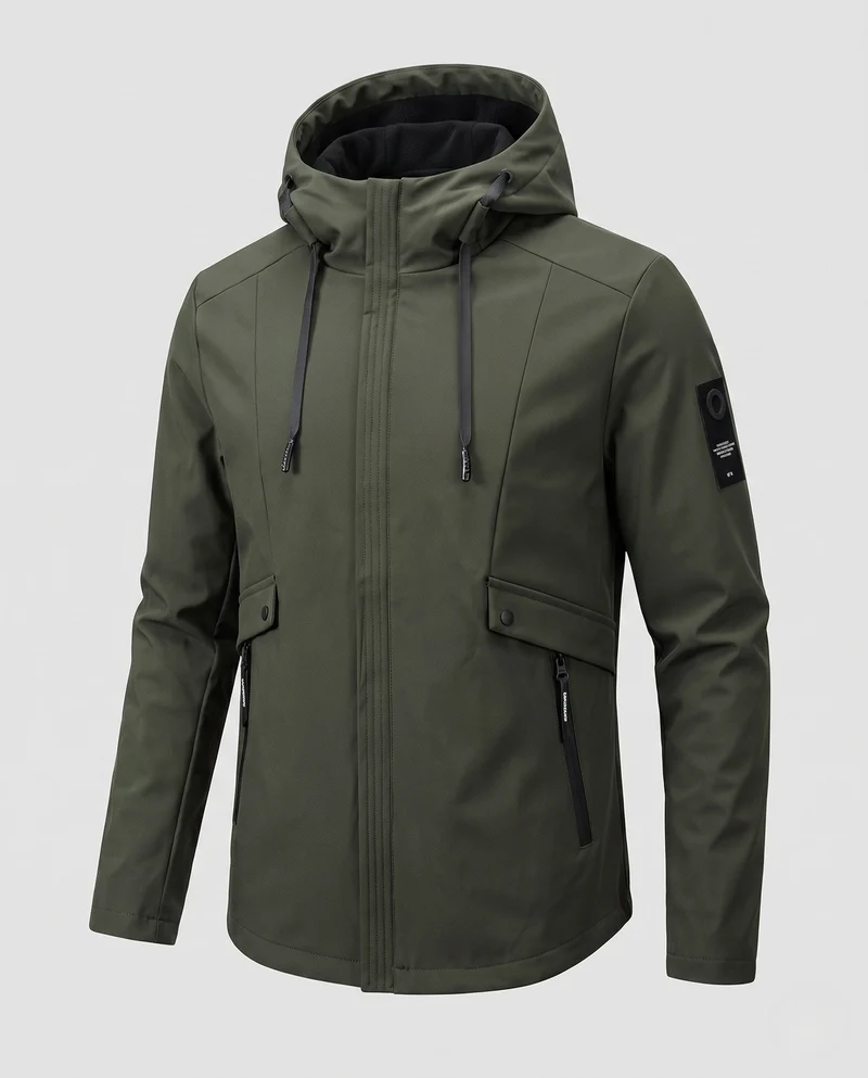 Herren leichte Softshell-Parka mit Kapuze, winddichte Oberfläche, verdeckter Reißverschluss und Klappentaschen