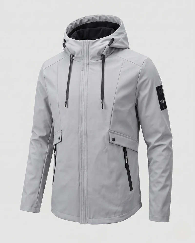 Herren leichte Softshell-Parka mit Kapuze, winddichte Oberfläche, verdeckter Reißverschluss und Klappentaschen