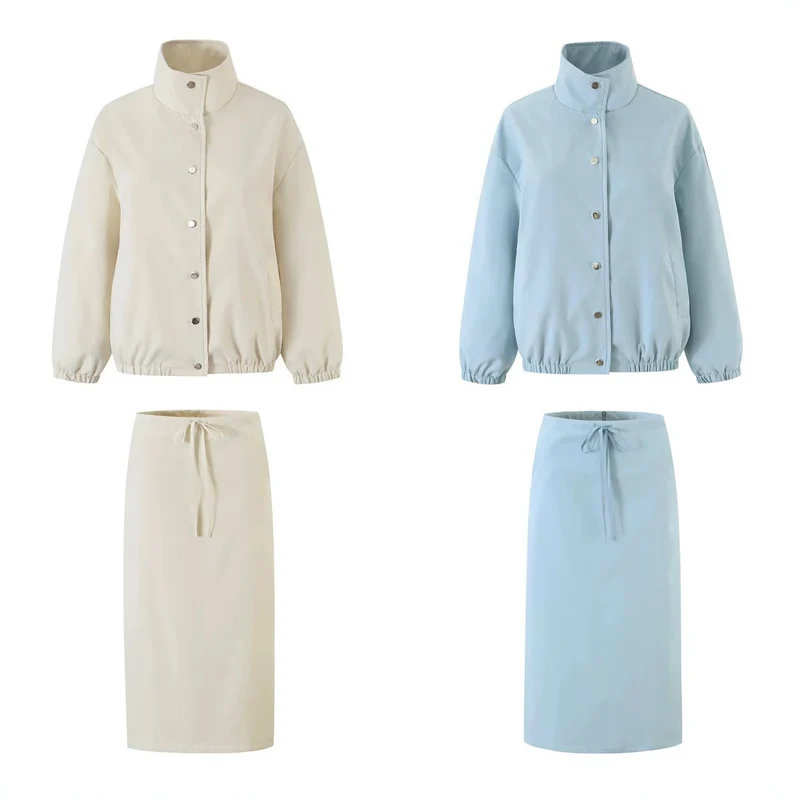Damen Zweiteiliges Set aus kurzem Blouson mit Stehkragen und hoher Taillen-Bleistiftrock Drune