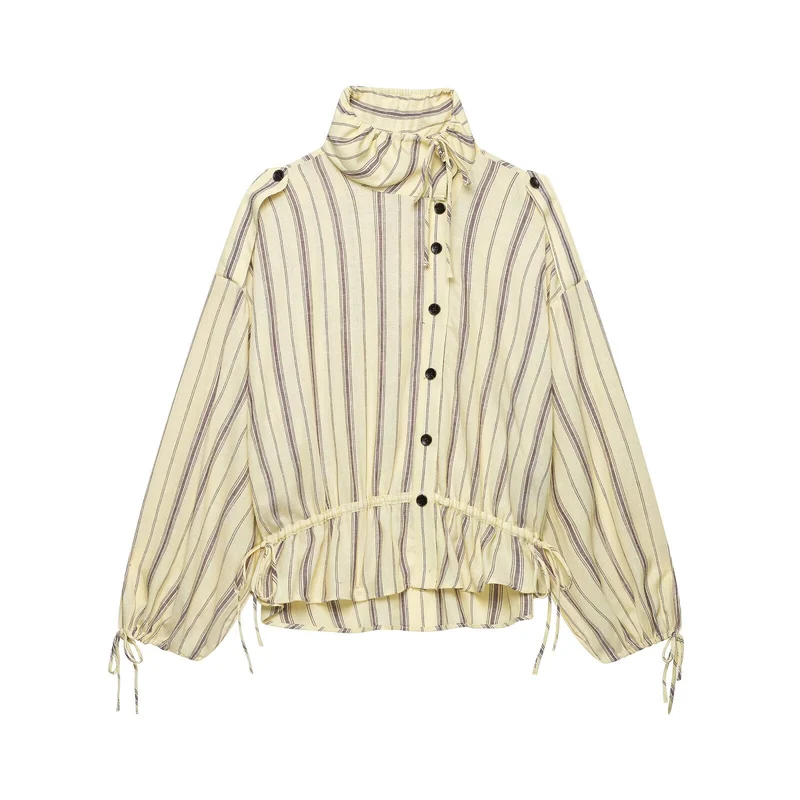 Damen Zweiteiliges gestreiftes Set aus Bluse mit Stehkragen und weiter Palazzohose Drune