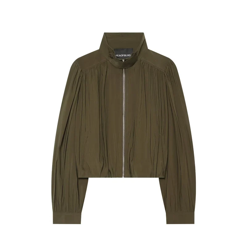 Damen Zweiteiliges Ensemble aus plissiertem Cropped-Blouson mit Stehkragen und weiter Cargo-Hose Drune