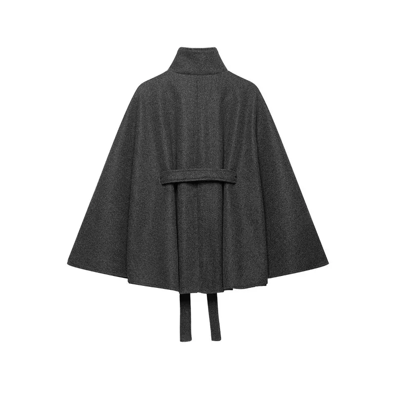 Damen Wollcape-Mantel mit Stehkragen, Knopfverschluss und Bindegürtel Drune