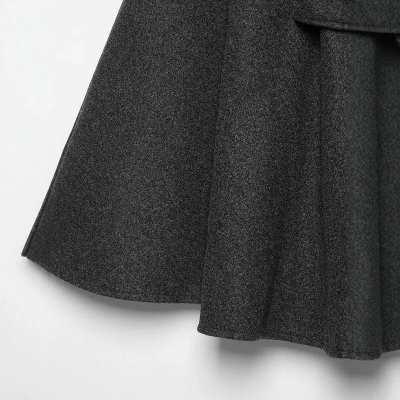 Damen Wollcape-Mantel mit Stehkragen, Knopfverschluss und Bindegürtel Drune