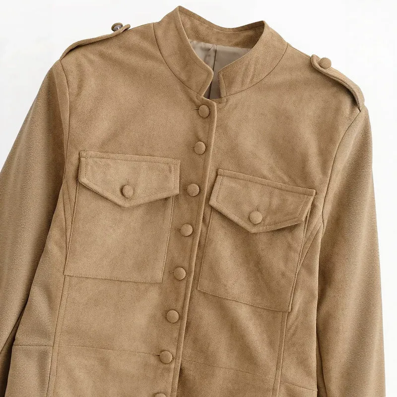Damen Wildlederoptik Fieldjacke mit Stehkragen und Pattentaschen Drune