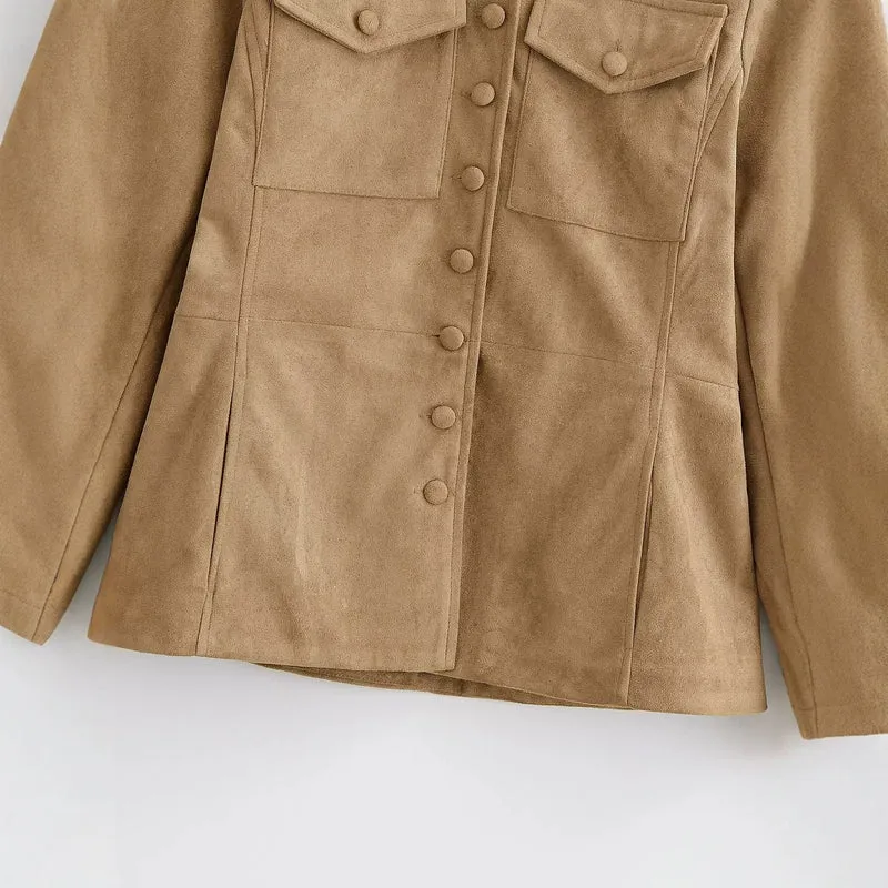 Damen Wildlederoptik Fieldjacke mit Stehkragen und Pattentaschen Drune