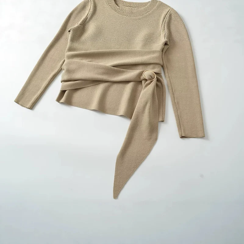 Damen Wickel-Strickpullover mit V‑Ausschnitt und Ziergürtel Drune