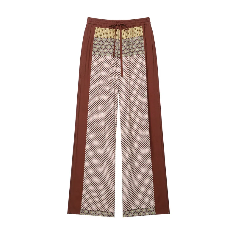 Damen Weite Palazzo‑Hose mit Print‑Einsätzen, Tunnelzugbund und Seitenpaspeln Drune