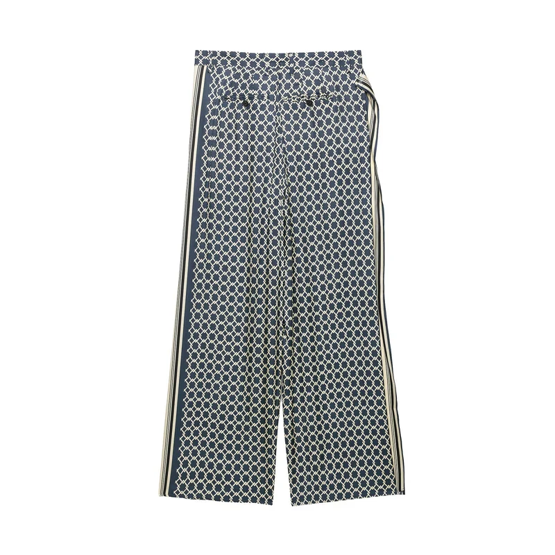 Damen Weite Palazzo‑Hose mit geometrischem Alloverprint und seitlichem Streifen Drune