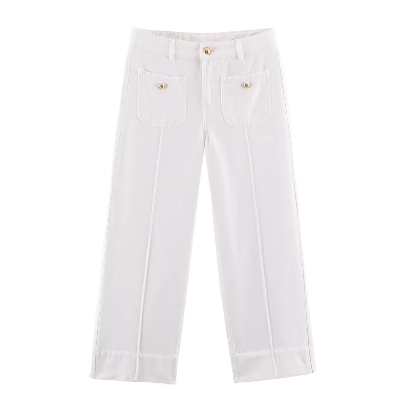 Damen Weite High‑Waist Jeans mit aufgesetzten Fronttaschen und Kantennaht Drune