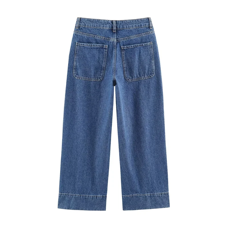 Damen Weite High‑Waist Jeans mit aufgesetzten Fronttaschen und Kantennaht Drune
