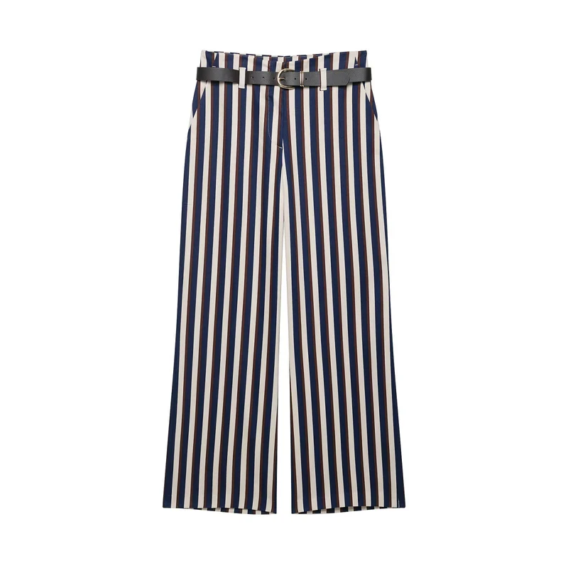 Damen Weite High‑Waist Culotte‑Hose mit verticalem Streifenmuster und Ziergürtel Drune