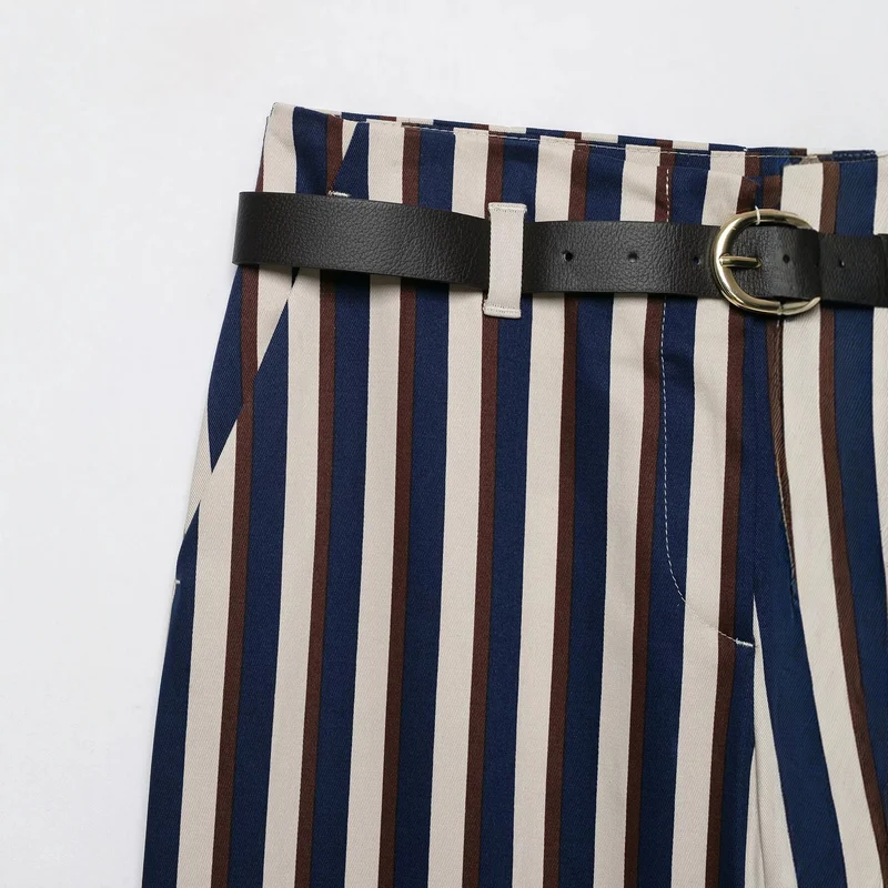 Damen Weite High‑Waist Culotte‑Hose mit verticalem Streifenmuster und Ziergürtel Drune