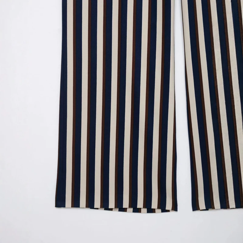 Damen Weite High‑Waist Culotte‑Hose mit verticalem Streifenmuster und Ziergürtel Drune