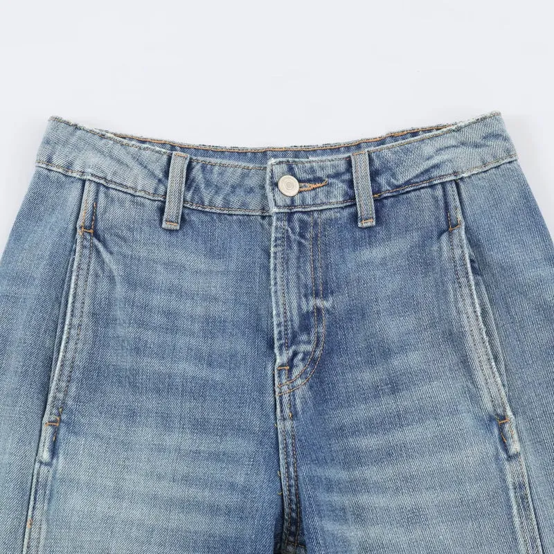 Damen Weite Cargo-Jeans mit hohem Bund, aufgesetzten Pattentaschen und Ziernähten Drune