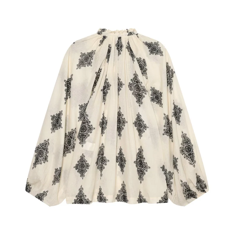 Damen Weite Boho-Bluse mit Rüschkragen, Tunnelzug und Ballonärmeln Drune