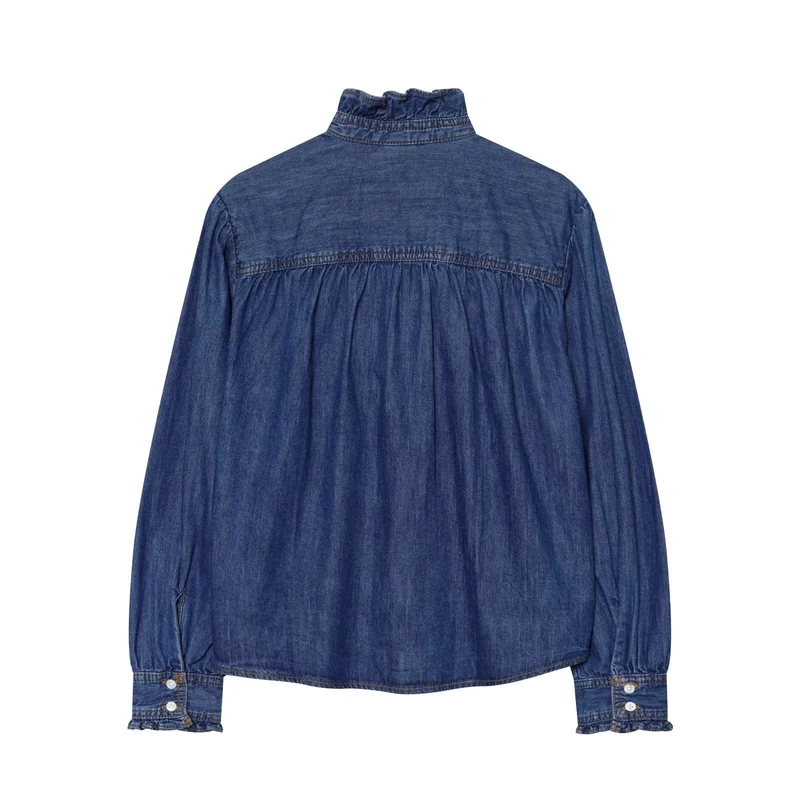 Damen Weiche Denim-Tunika mit Rüschenblende, Stehkragen und Ballonärmeln Drune