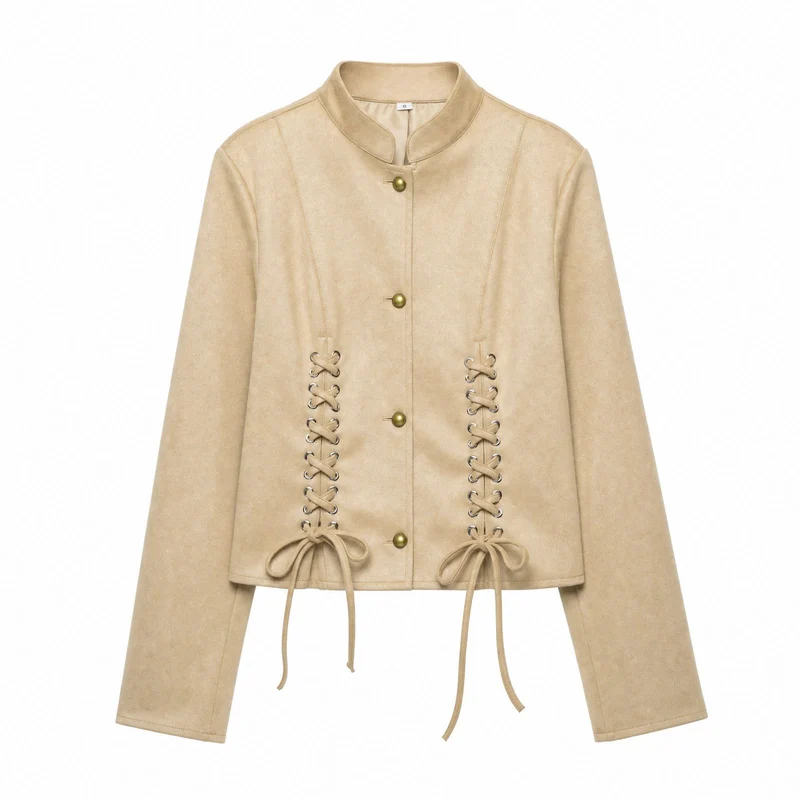 Damen Veloursleder-Kurzjacke mit Schnürung und Stehkragen Drune