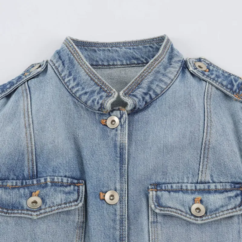 Damen Utility-Denimjacke mit Stehkragen, Pattentaschen und Epauletten Drune