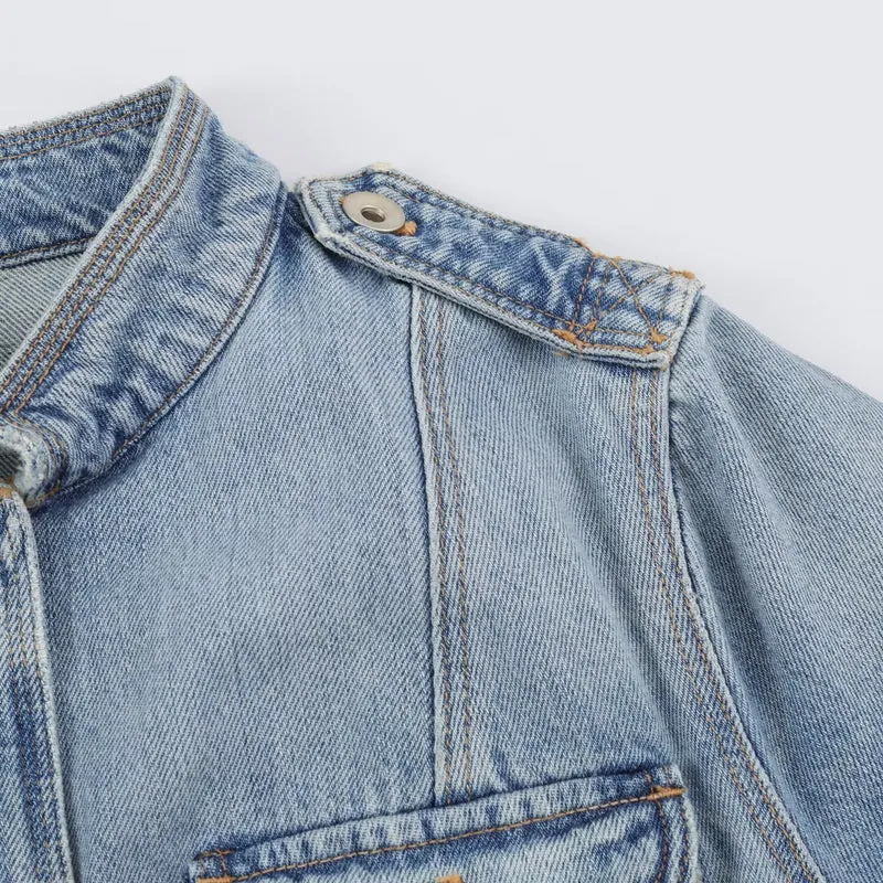 Damen Utility-Denimjacke mit Stehkragen, Pattentaschen und Epauletten Drune