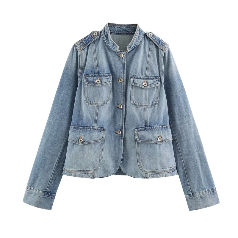Damen Utility-Denimjacke mit Stehkragen, Pattentaschen und Epauletten Drune