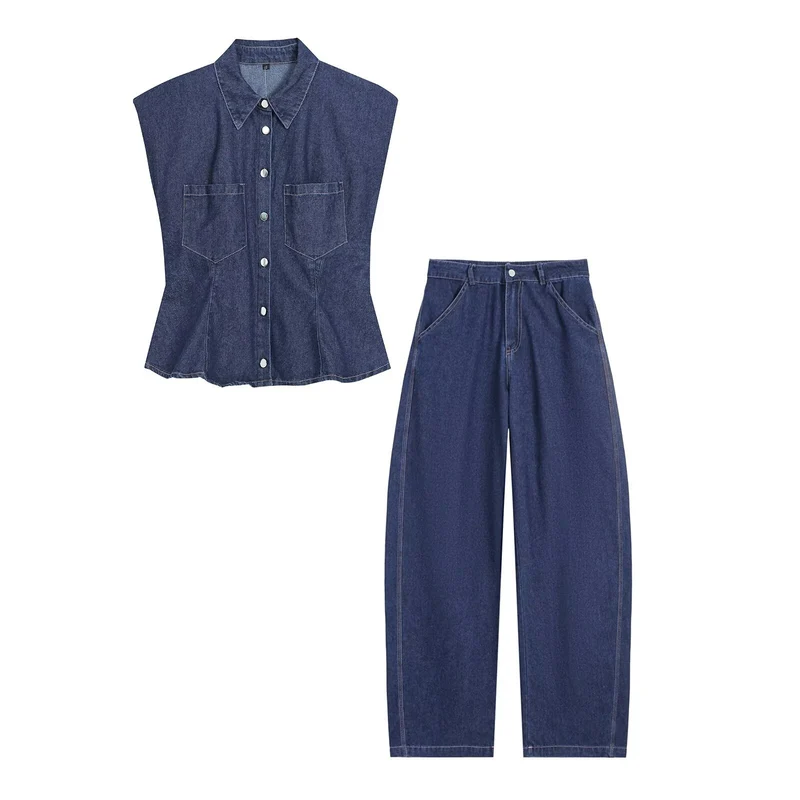 Damen Tailliertes Denim‑Set mit ärmelloser Hemdbluse und weitem High‑Waist‑Hose Drune