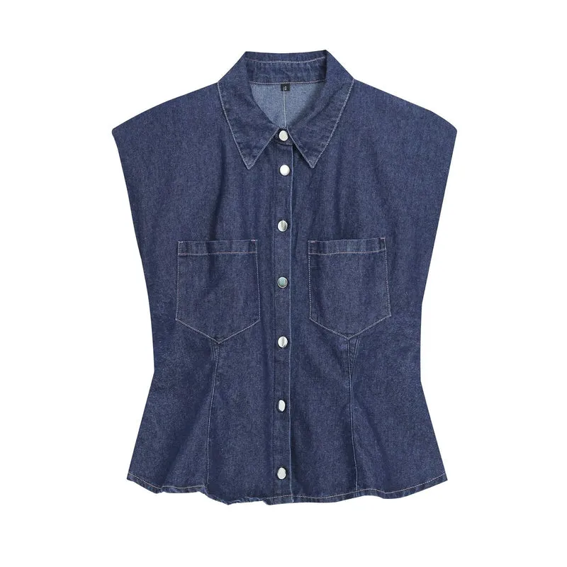 Damen Tailliertes Denim‑Set mit ärmelloser Hemdbluse und weitem High‑Waist‑Hose Drune