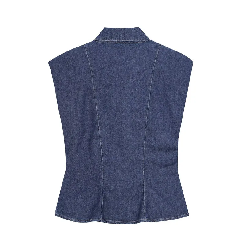 Damen Tailliertes Denim‑Set mit ärmelloser Hemdbluse und weitem High‑Waist‑Hose Drune