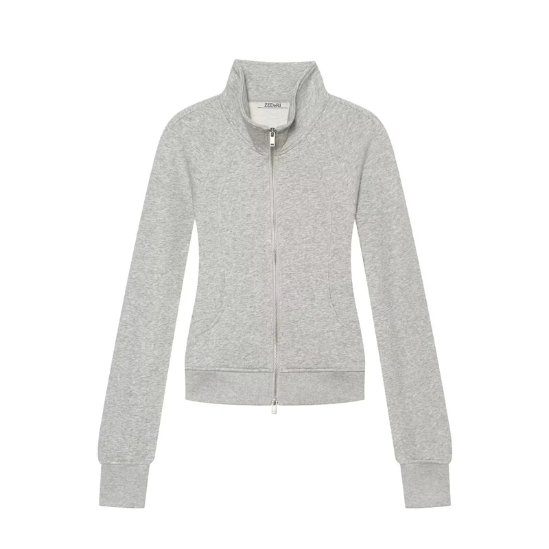 Damen Taillierter Sweatshirtcardigan mit durchgehendem Reißverschluss, Stehkragen und Raglanärmeln Drune