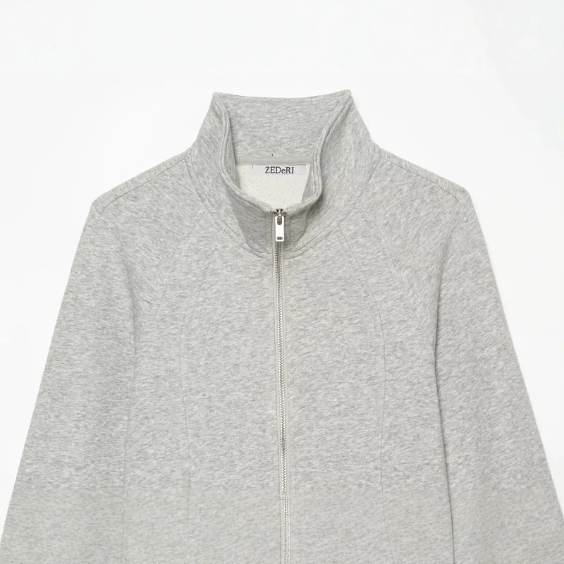 Damen Taillierter Sweatshirtcardigan mit durchgehendem Reißverschluss, Stehkragen und Raglanärmeln Drune
