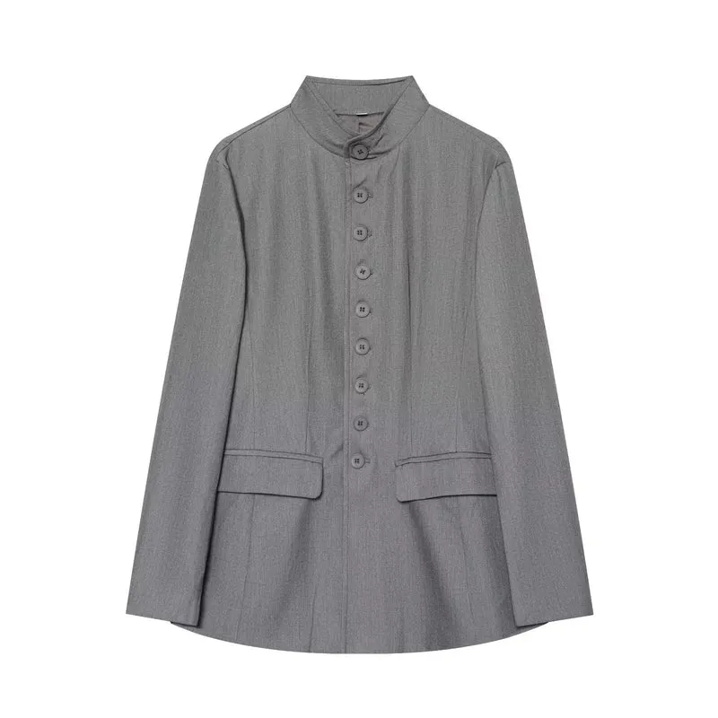 Damen taillierter Stehkragen-Blazer mit durchgehender Knopfleiste Drune