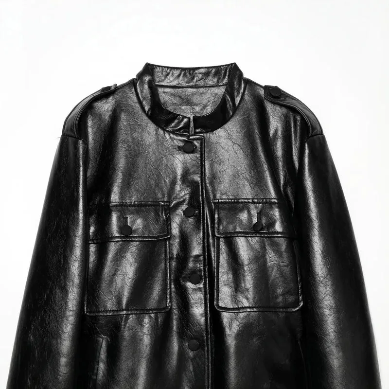 Damen Taillierter Kunstleder-Blouson mit Bindegürtel und Pattentaschen Drune