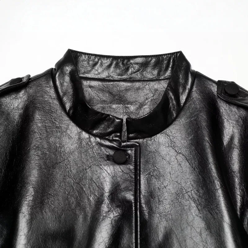 Damen Taillierter Kunstleder-Blouson mit Bindegürtel und Pattentaschen Drune